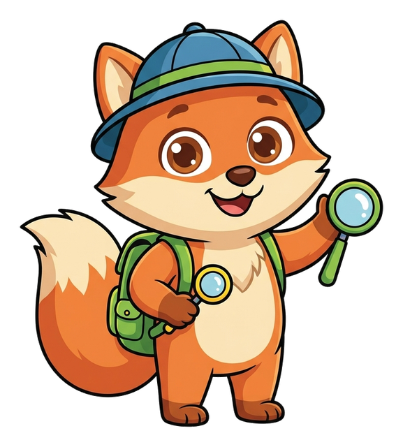 Picture Hunt's friendly fox guide holding a magnifying glass